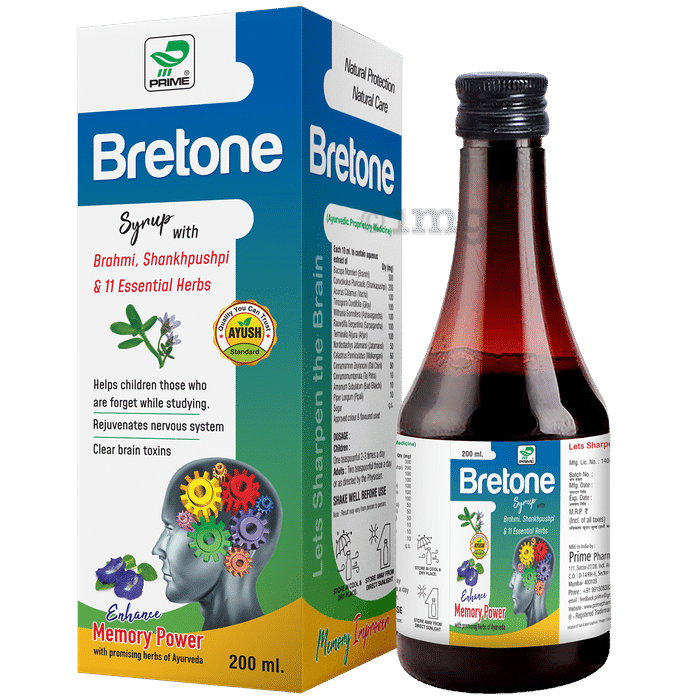 Prime Bretone Syrup | with Brahmi , Shankhpushpi & 10 Herbs | Improves Memory, Focus & Reduces Stress