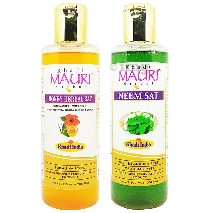 Khadi Mauri Herbal Combo Pack of Honey Herbal Sat (210ml) & Neem Sat (300ml) Shampoo