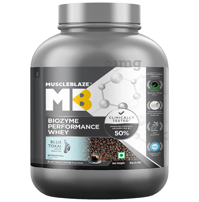 MuscleBlaze Biozyme Performance Whey Protein | For Muscle Gain | Improves Protein Absorption by 50% | Flavour Powder Blue Tokai Coffee