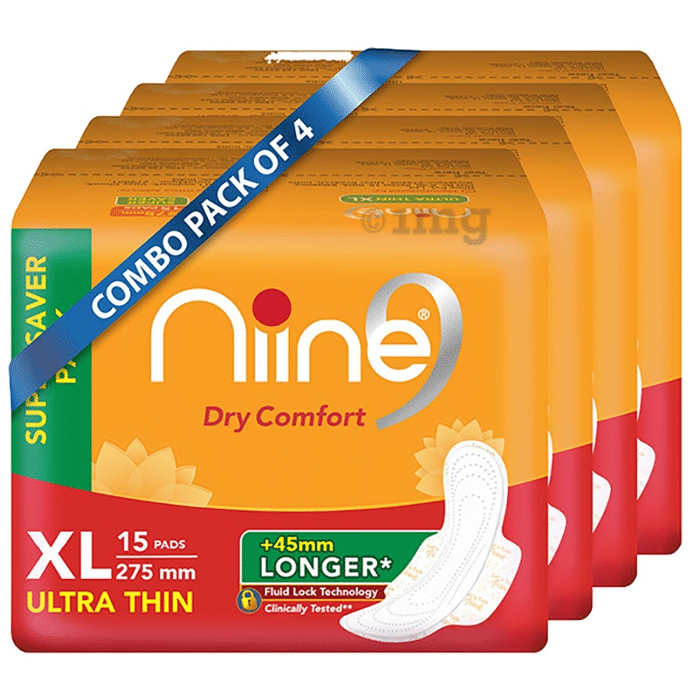 Niine Dry Comfort Ultra Thin Sanitary Pads for Women with Fluid Lock Gel Technology (15 Each) Ultra Thin XL