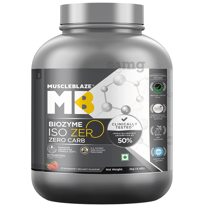 MuscleBlaze Strawberry Flavour | Iso-Zero Isolate for Muscle Gain | With Zero Carbs | Improves Protein Absorption by 50%