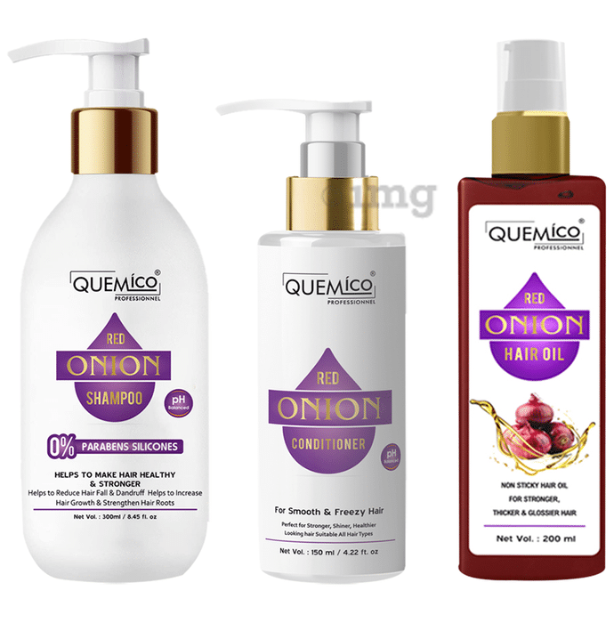 Quemico Professionnel Combo Pack of Red Onion Shampoo (300ml), Red Onion Conditioner (150ml) & Red Onion Hair Oil (200ml)
