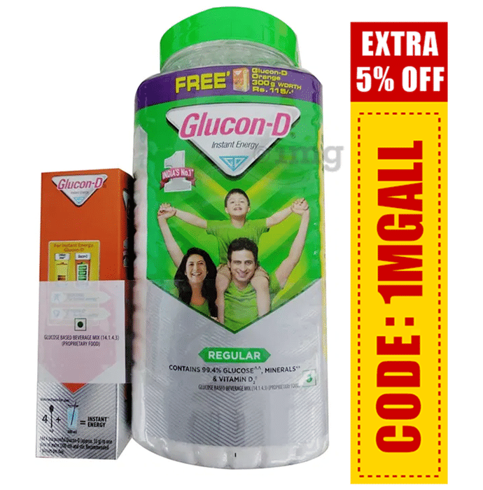 Glucon-D with Glucose, Calcium, Vitamin C & Sucrose | Nutrition Booster Regular with 300gm Glucon-D Refill Tangy Orange Free