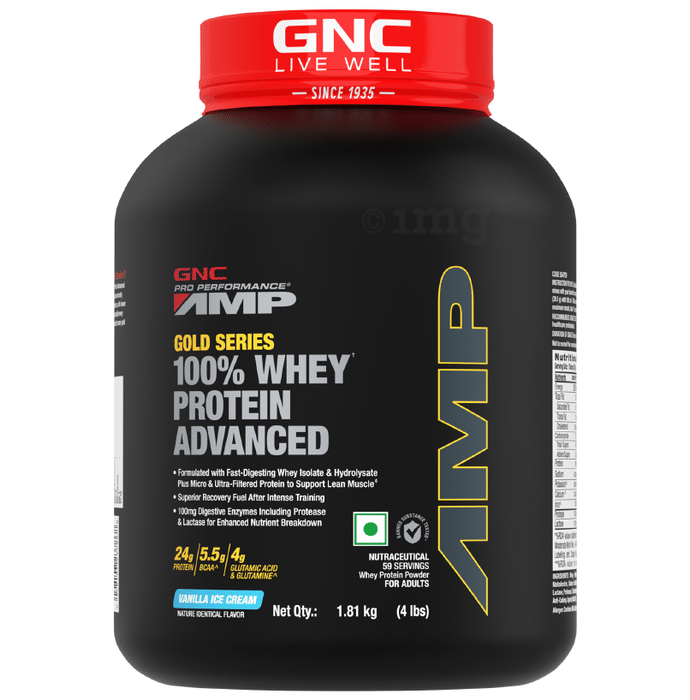 GNC Amp Gold 100% Whey Protein Advanced Powder with Digestive Enzymes | For Lean Muscles | Flavour Vanilla Icecream