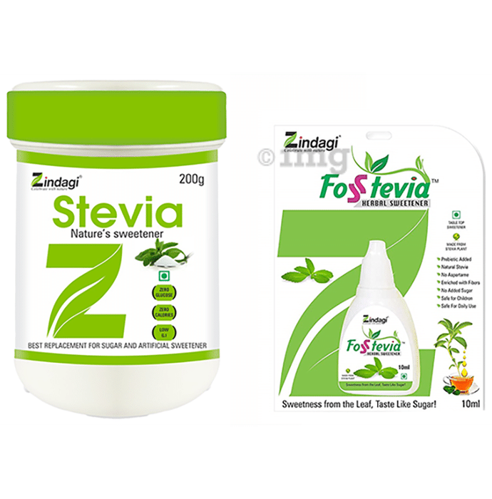 Zindagi Combo Pack of Stevia Nature's Sweetener 200gm & Fosstevia Herbal Sweetener 10ml