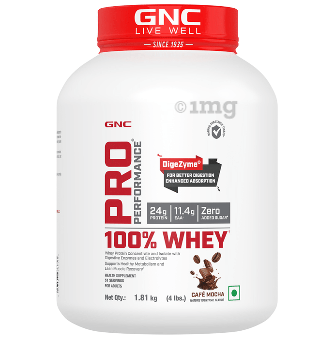 GNC Pro Performance 100% Whey Protein |  With Digestive Enzymes & Electrolytes | For Metabolism & Lean Muscles Recovery | Flavour Powder Cafe Mocha