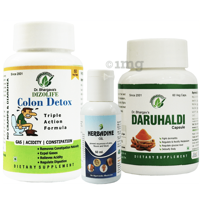 Dr.Bhargav’s Combo Pack of Colon Detox Triple Action Formula Capsule (60), Daruhaldi Capsule (60) & Herbadine Oil (50ml)