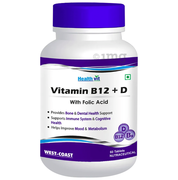 HealthVit Vitamin B12 + D with Folic Acid for Bones, Immunity, Metabolism & Teeth | Tablet