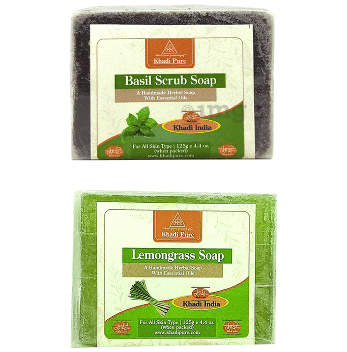Khadi Pure Combo Pack of Basil Scrub Soap & Lemongrass Soap (125gm Each)