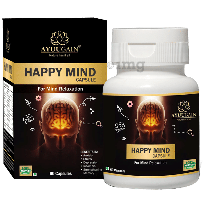 Ayuugain Happy Mind Capsule for Mind Relaxation, Stress & Anxiety Relief with Ashwagandha, Brahmi