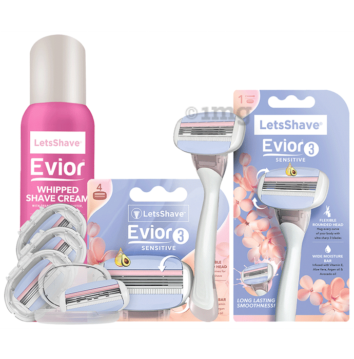 LetsShave Evior 3 Blade Full Body Razor with Cartridges (4) & Whipped Shaving Cream for Women Kit