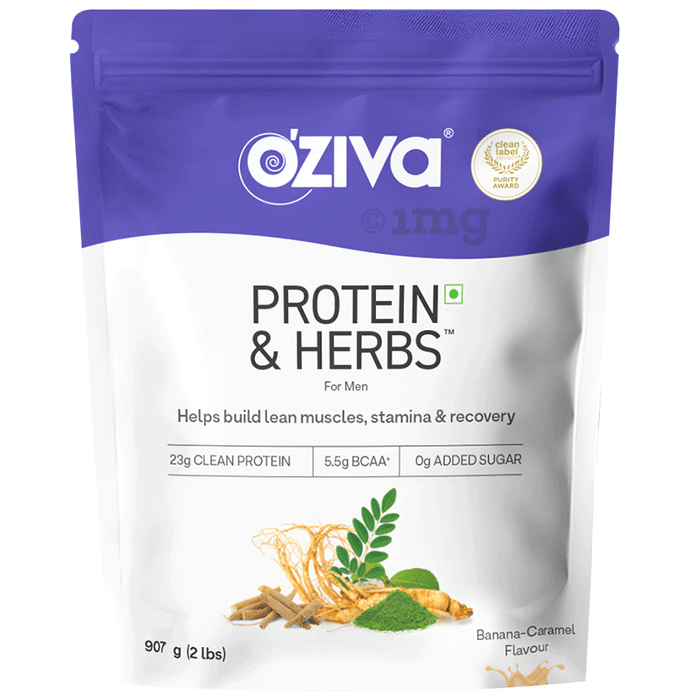 Oziva Protein & Herbs for Men | For Muscle Building, Stamina & Recovery | Banana Caramel