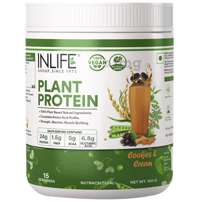 Inlife Vegan Plant Protein | Powder with Added Digestive Enzymes for Strength & Muscle Mass | Flavour Powder Cookies & Cream