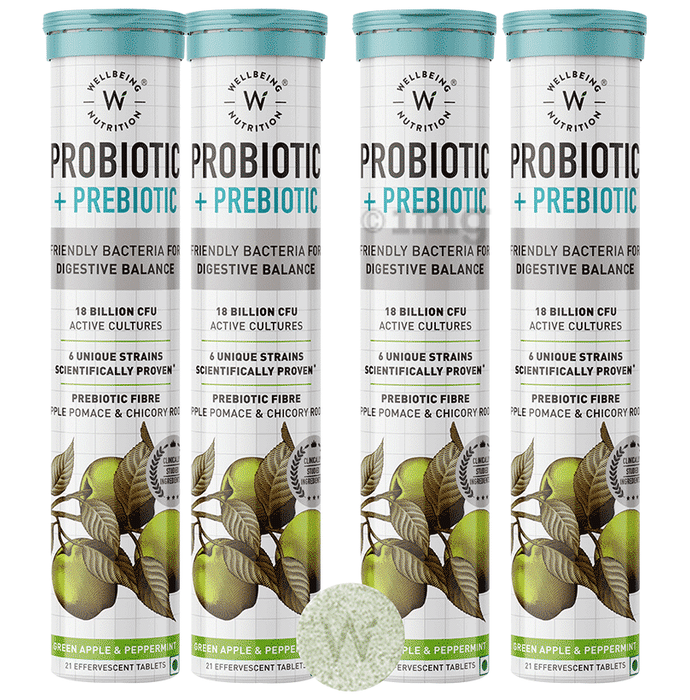 Wellbeing Nutrition Probiotic + Prebiotic Fibre with 18 Billion CFU | Effervescent Tablet for Gut Health | Flavour Green Apple & Mint