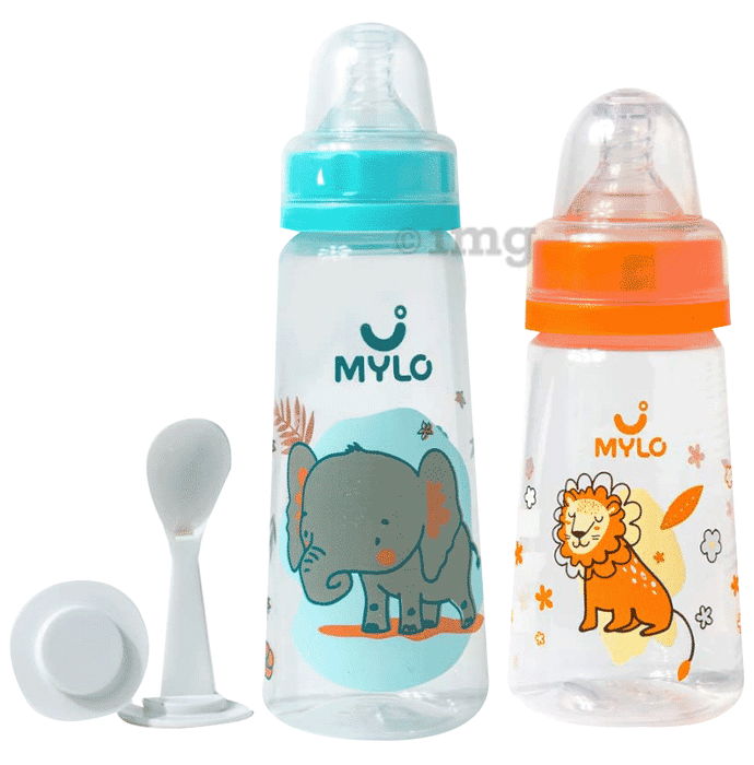 Mylo 2 In 1 BPA Free with Anti-Colic Nipple & Spoon Baby Feeding Bottle (125ml & 250 ml) Lion & Elephant