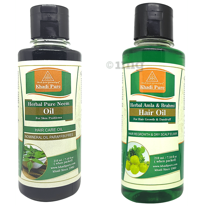 Khadi Pure Combo Pack of Herbal Amla & Brahmi Hair Oil & Herbal Pure Neem Oil (210ml Each)