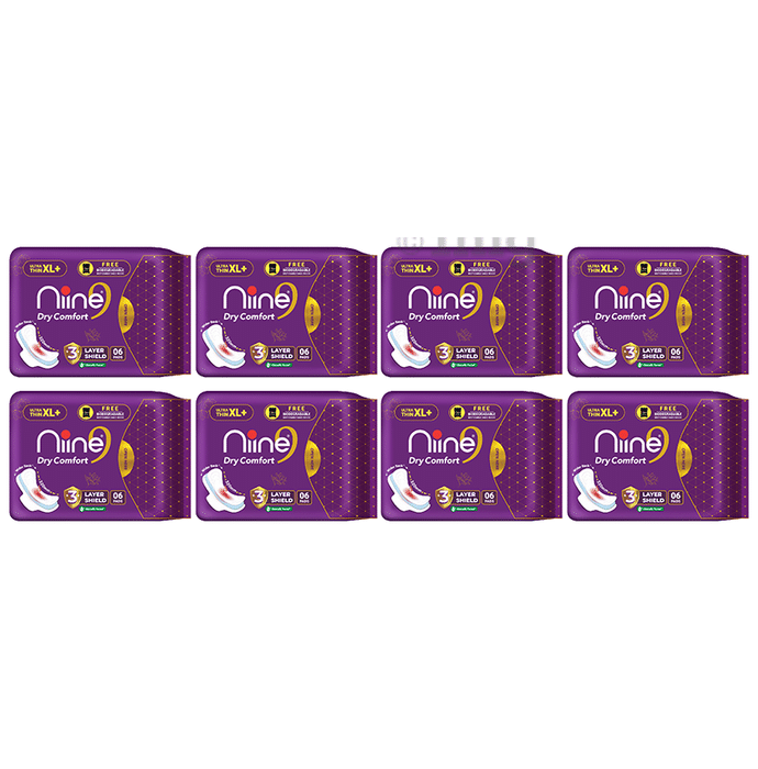 Niine Dry Comfort 3 Layer Shield Ultra Thin Sanitary Pads (6 Each) with Biodegradable Disposable Bags XL+
