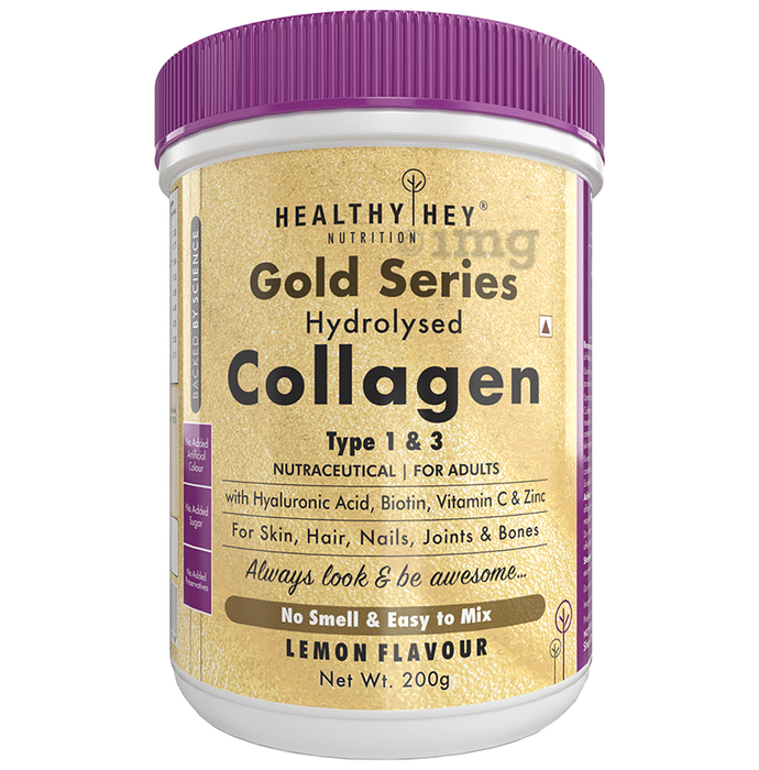 HealthyHey Nutrition Gold Series Hydrolysed Collagen Type 1 & 3 for Skin, Hair, Nails, Bones & Joints | For Adults | Flavour Lemon
