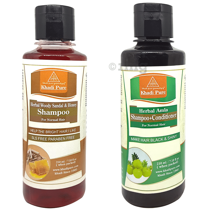 Khadi Pure Combo Pack of Herbal Amla Shampoo + Conditioner & Herbal Woody Sandal & Honey Shampoo (210ml Each)