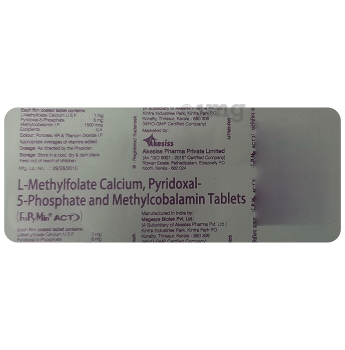Fopymin Act Tablet with L-Methylfolate Calcium, Pyridoxal-5-Phosphate & Methylcobalamin