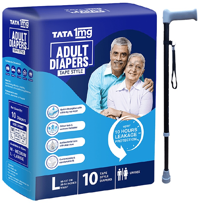 Combo Pack of Tata 1mg Adjustable Walking Stick & Tata 1mg Adult Diaper Tape Style Large (10)