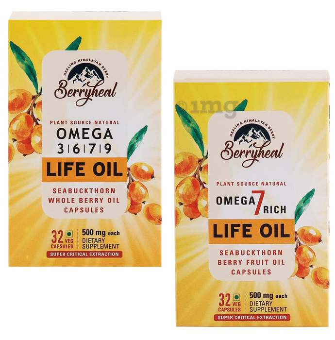 Berryheal Combo Pack of Omega 3,6,7,9 Life Oil Sea Buckthorn Whole Berry Oil Capsule & Omega 7 Rich Life Oil Sea Buckthorn Berry Fruit Oil Capsule (32 Each)
