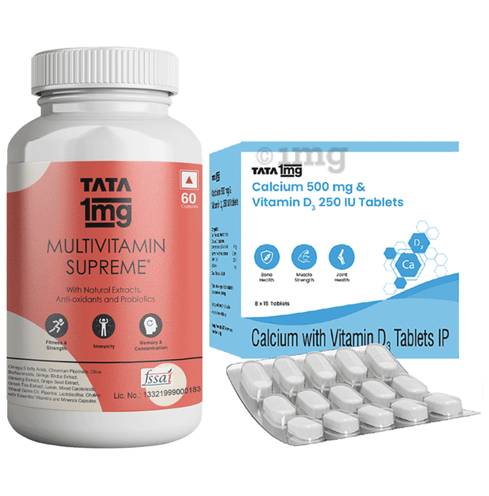 Combo Pack of Tata 1mg Multivitamin Supreme, Zinc, Calcium and Vitamin D Capsule (60) & Tata 1mg Calcium 500mg & Vitamin D3 250IU Tablet (15)