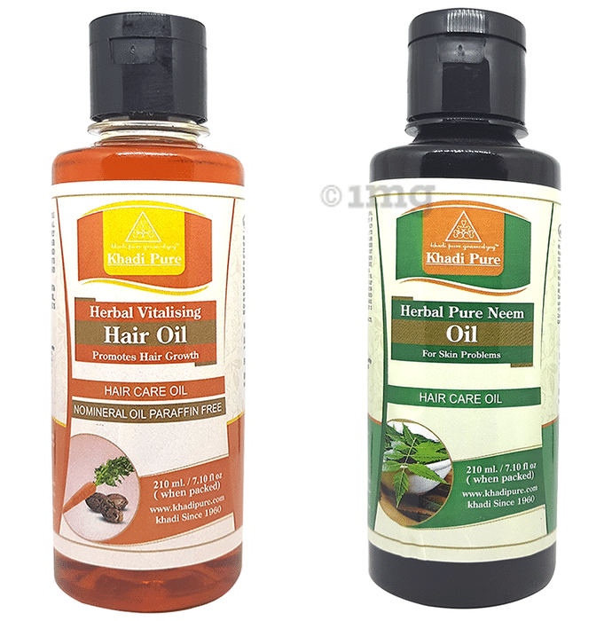 Khadi Pure Combo Pack of Herbal Pure Neem Oil & Herbal Vitalising Hair Oil No Mineral Oil & Paraffin Free (210ml Each)