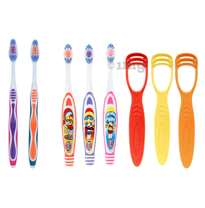 Maxi Oral Care Family Pack of 2 Adults Candy Toothbrush, 3 Kids Bunty Bubli Junior Toothbrush & 3 Tongue Cleaner 1 Number