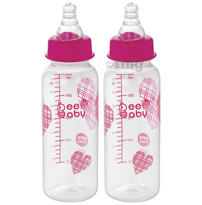 BeeBaby Basic Slim Neck Baby Feeding Bottle with Premium Anti - Colic Comfort Silicone Nippl 8 Months + (250ml Each) Pink