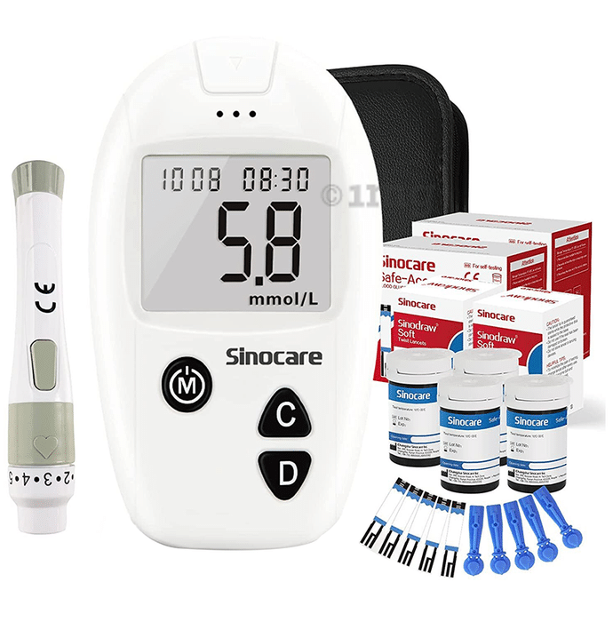 Sinocare Safe-Accu Blood Sugar Monitor Kit with 100 Strips & 100 Lancets