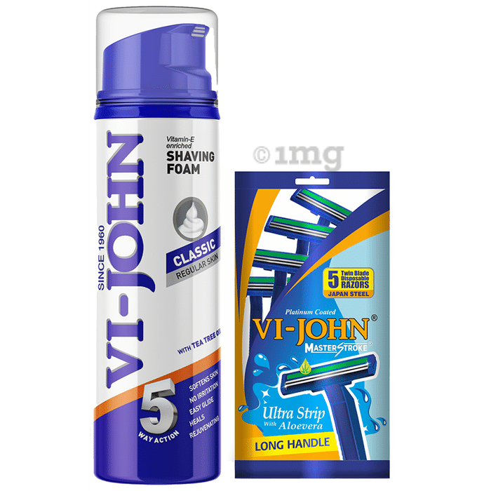 Vi-John Combo Pack of Classic Regular Skin Shaving Foam 200gm & Platinum Coated 5 Twin Blade Disposable Razors