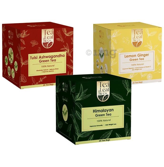 Tea Leaf & Co Combo Pack of Tulsi Ashwagandha Green Tea, Lemon Ginger Green Tea & Himalayan Green Tea (25 Tea Bags Each)