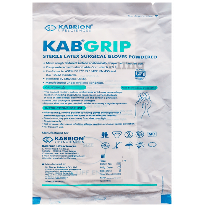 Kabrion  Kabgrip Premium Quality Latex Sterile Surgical Gloves (1Pair Each) 7.5