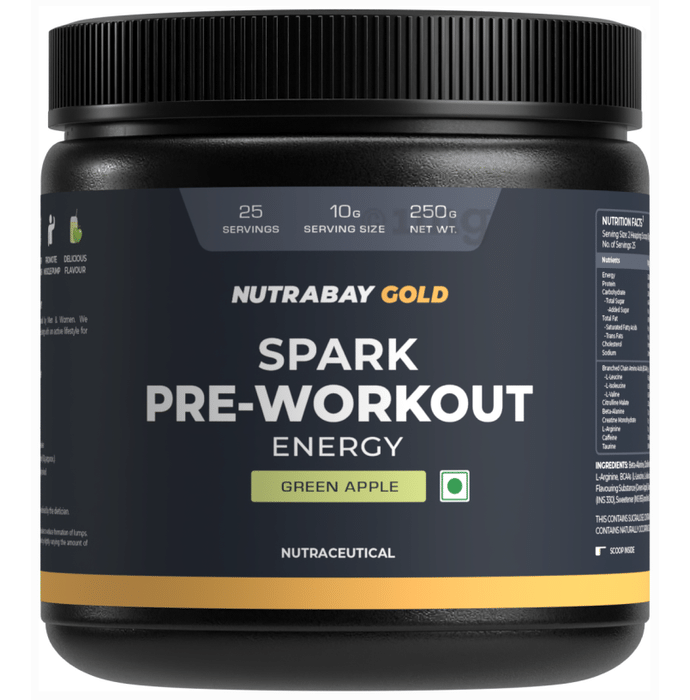 Nutrabay Gold Spark Pre-Workout Energy | Powder for Muscle Pump & Strength | Flavour Powder Green Apple