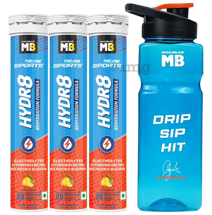 Muscleblaze MB Fuel One Sports Hydr8 Rehydration Formula Effervescent Tablet (20 Each) Lemon with Sipper 500ml