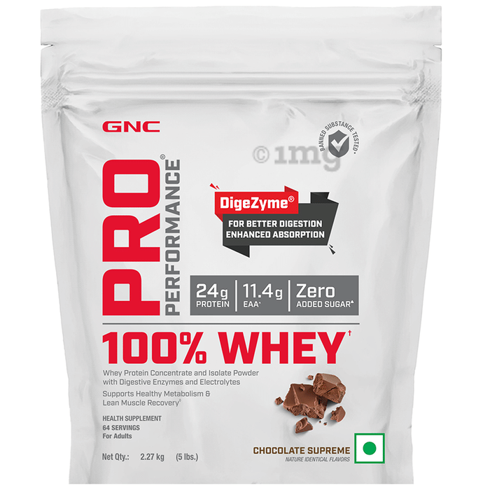 GNC Pro Performance 100% Whey Protein |  With Digestive Enzymes & Electrolytes | For Metabolism & Lean Muscles Recovery | Flavour Powder Chocolate Supreme