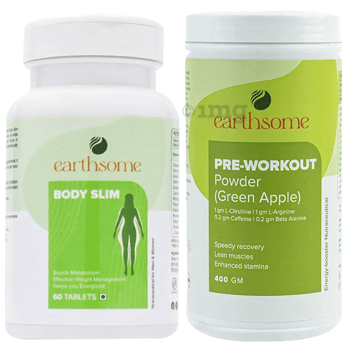 Combo Pack of Earthsome Pre-Workout Powder Green Apple (400gm) & Body Slim Tablet (60)