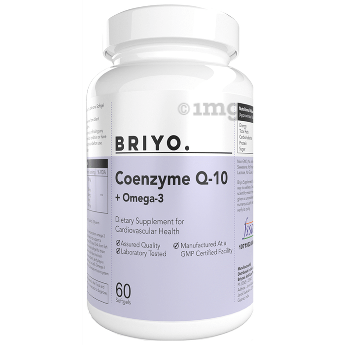 Briyo CoenzymeQ10 Plus Omega 3 Soft Gel with Lycopene & Selenium for Heart Health, Cellular Energy, Antioxidant Support