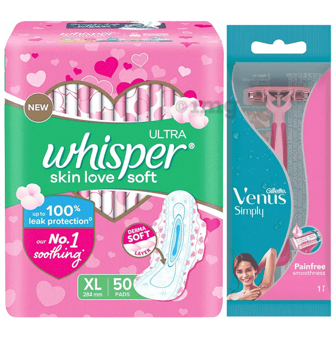 Combo Pack of Whisper Ultra Soft Sanitary Pads XL (50 Each) & Gillette Simply Venus