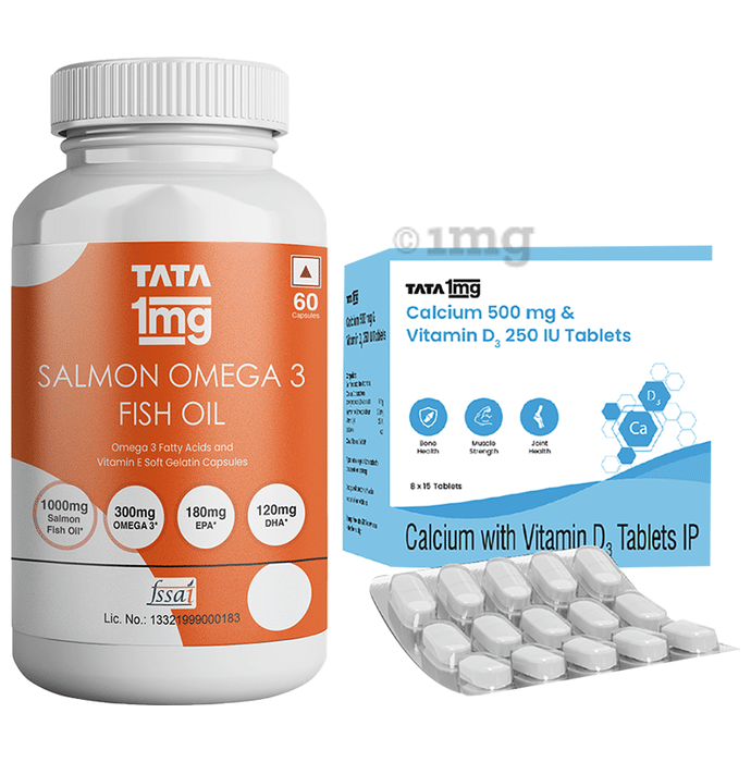 Combo Pack of Tata 1mg Salmon Omega 3 Fish Oil Capsule (60) & Tata 1mg Calcium 500mg & Vitamin D3 250IU Tablet (15)