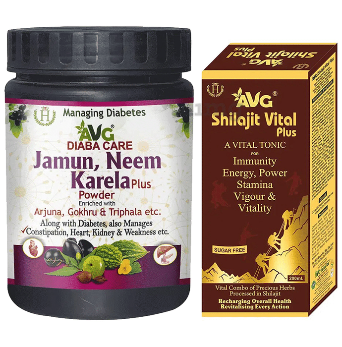 AVG Combo Pack of Jamun, Neem and Karela Plus Powder & Shilajit Vital Plus Tonic Sugar Free
