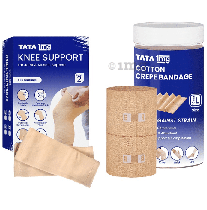Combo Pack of Tata 1mg Cotton Crepe Bandage 10cm & Tata 1mg Knee Support Pair of 2 Smalla