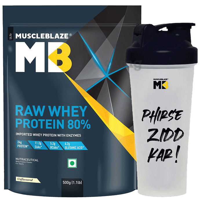 MuscleBlaze Raw Whey Protein 80% | Added Digestive Enzymes For Muscle gain | No Added Sugar | Flavour Powder with Shaker 650ml Unflavored