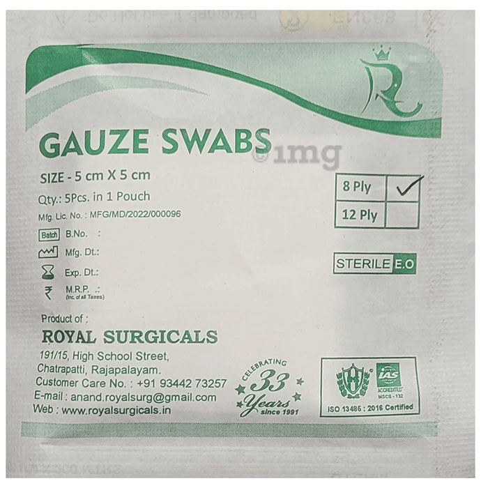Royal Surgicals Gauze Swabs Sterile (5 Each) 5cm x 5cm x 8ply