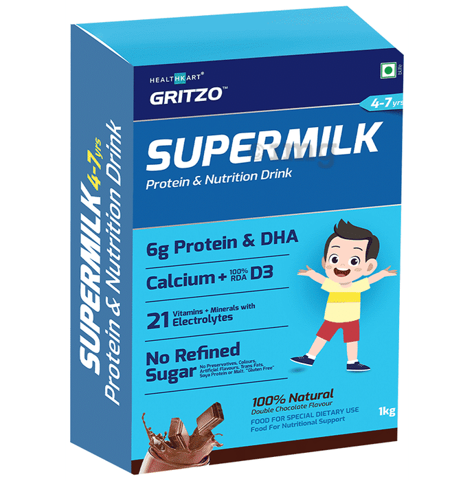 Gritzo SuperMilk for Active Kids, Protein Powder for Kids, High Protein (6 g), DHA, Calcium + D3, 21 Nutrients, No Refined Sugar, 100% Natural Double Chocolate Flavour 4-7 years Powder