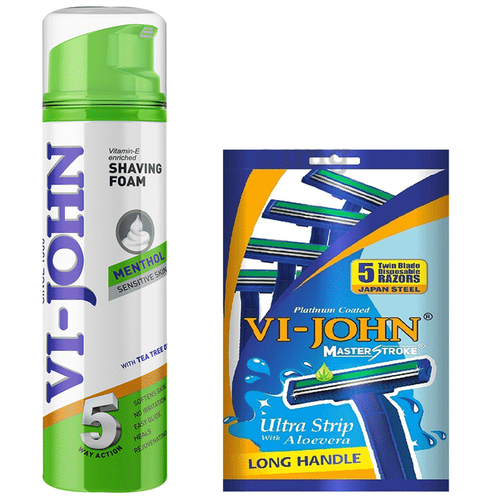 Vi-John Combo Pack of Vitamin E Enriched 5 Way Action Shaving Foam (200ml) & Platinum Plated Master Stroke Razor (5) Menthol Sensitive Skin