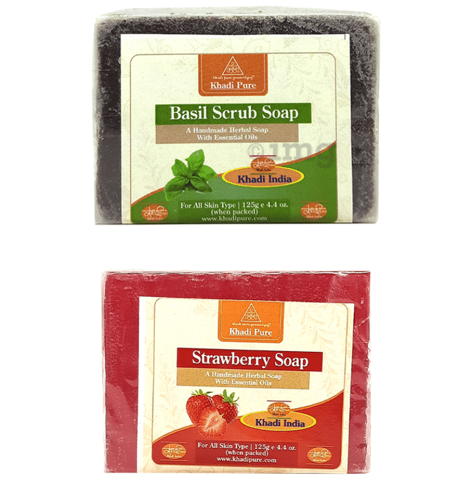 Khadi Pure Combo Pack of Strawberry Soap & Basil Scrub Soap (125gm Each)