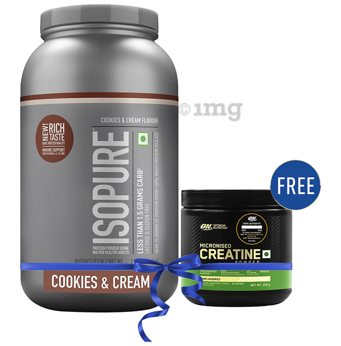 Isopure Whey Protein with Less than 1.5gm Carbs | For Fitness, Immunity & Skin | Flavour Cookie and Cream Powder with Micronised Creatine Powder Free