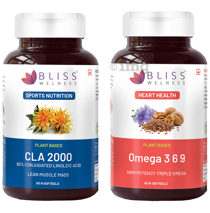 Bliss Welness Combo Pack of Weight Management CLA 2000 80% Conjugated Linoleic Acid & Heart Health Omega 3 6 9 High Potency Triple Omega Softgel Capsule (60 Each)